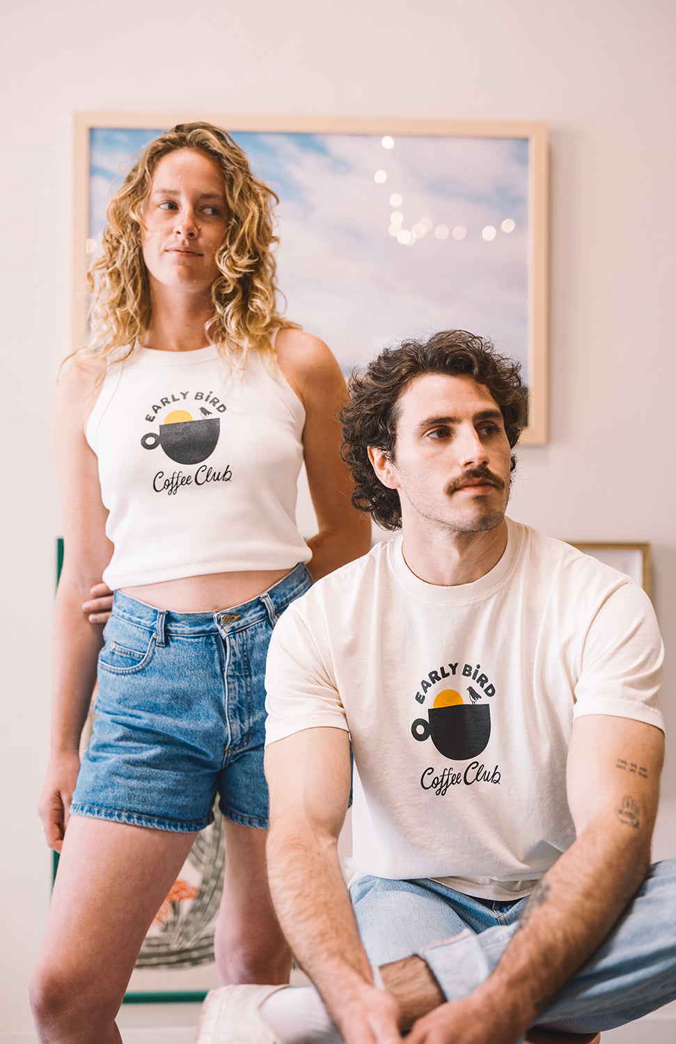 cream t shirt early bird coffee club man and woman 