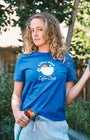 Blue t shirt for women early bird coffee club. Buen dia coffee