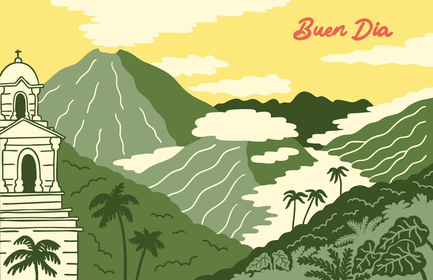 Green and yellow wall art buen dia coffee guatemala landscape print